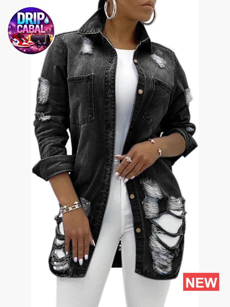 Women's Jean Jacket Long Sleeve Classic Distressed Fray Hem Tassels Denim